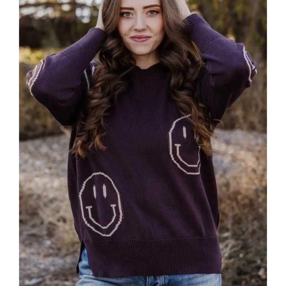 MIOU MUSE Purple Smiley Face Knit Sweater Long Sleeve Dropped Shoulder, Small